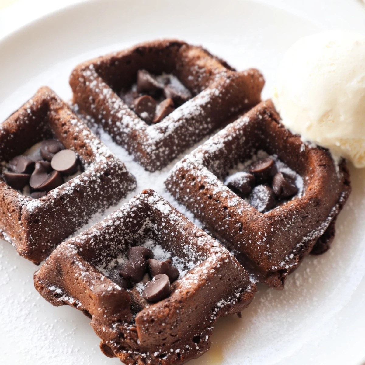Thick fudgy brownie waffles drizzled with syrup on a white plate