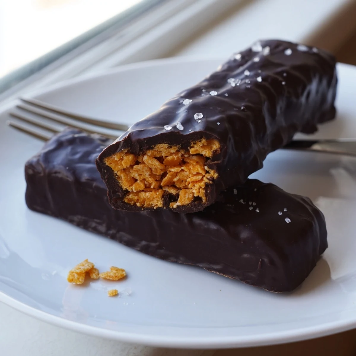 Healthy Homemade Butterfingers bars coated in glossy dark chocolate on a parchment-lined tray
