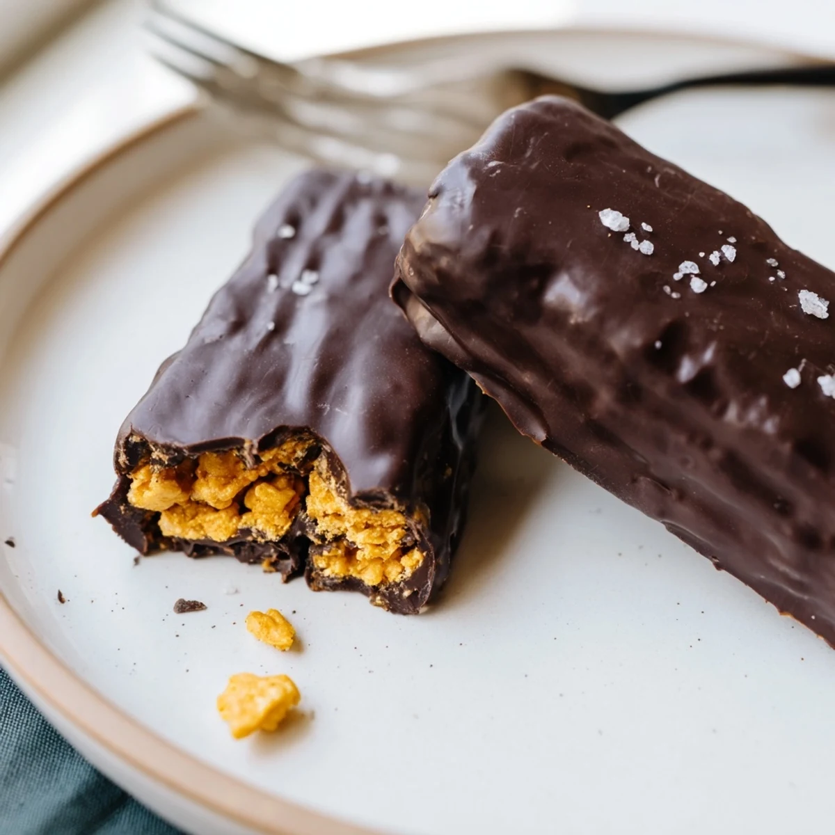 Chilled Healthy Homemade Butterfingers stacked on a plate showcasing a crisp peanut butter center