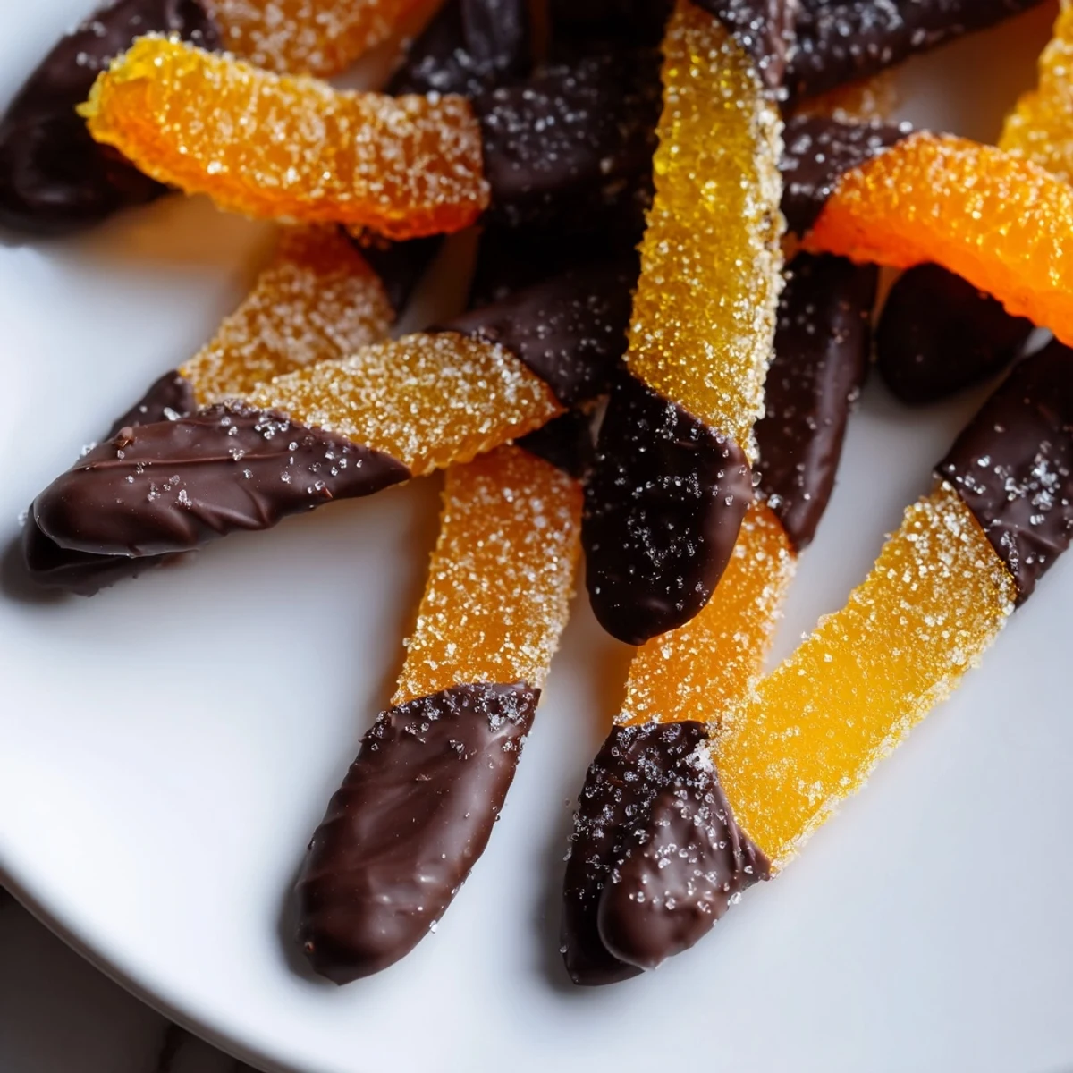 Glistening chocolate covered orange peels arranged on parchment paper for elegant dessert presentation