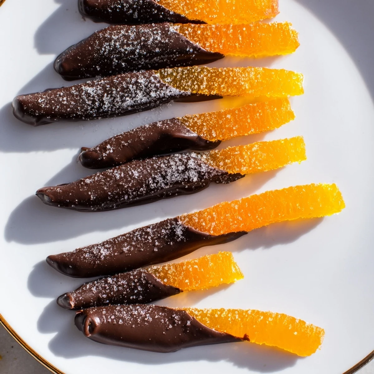 Dark chocolate covered orange peels with candied translucent centers dusted with sparkling sugar