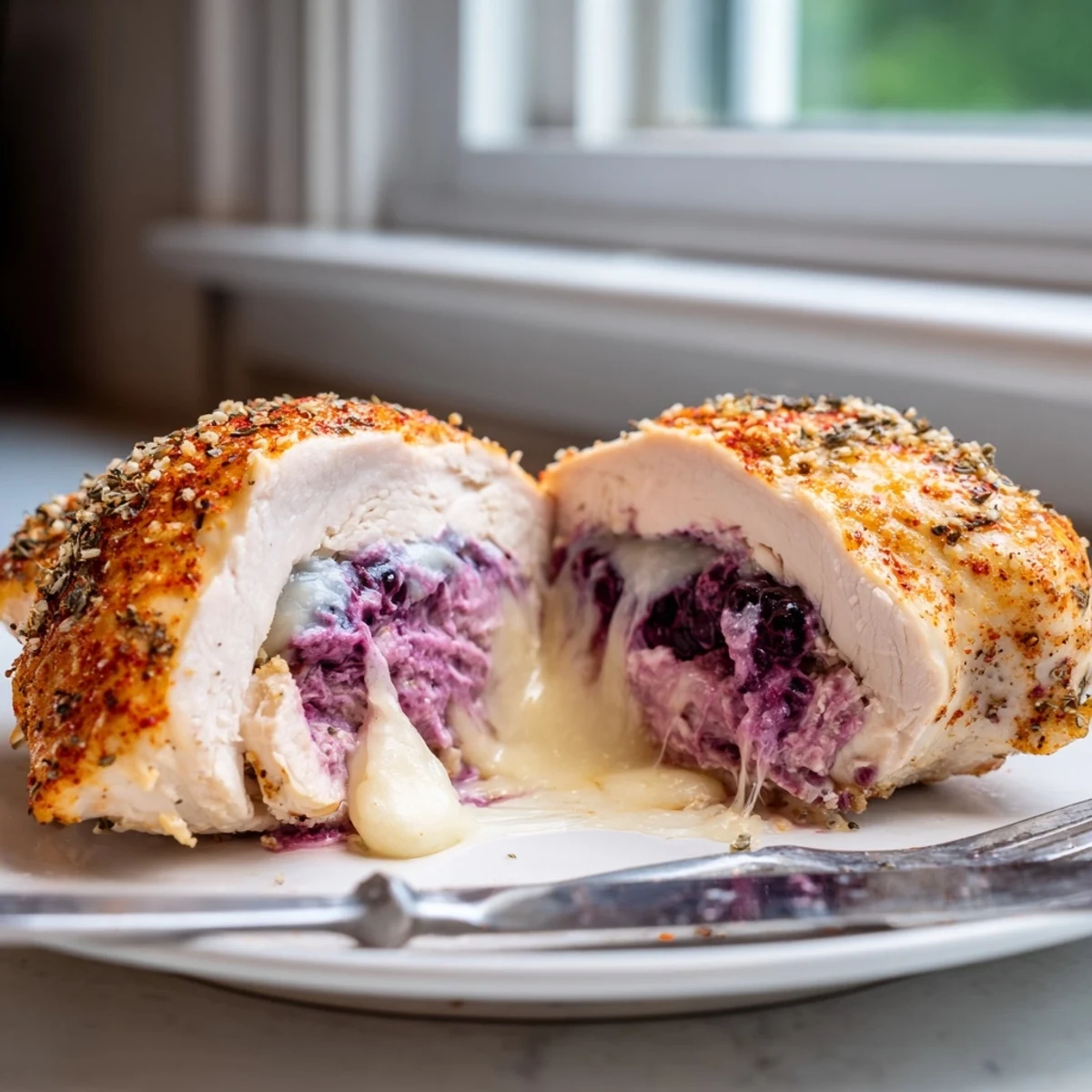 Melty Blackberry Jalapeno Stuffed Chicken oozing with creamy purple berry filling on a rustic plate