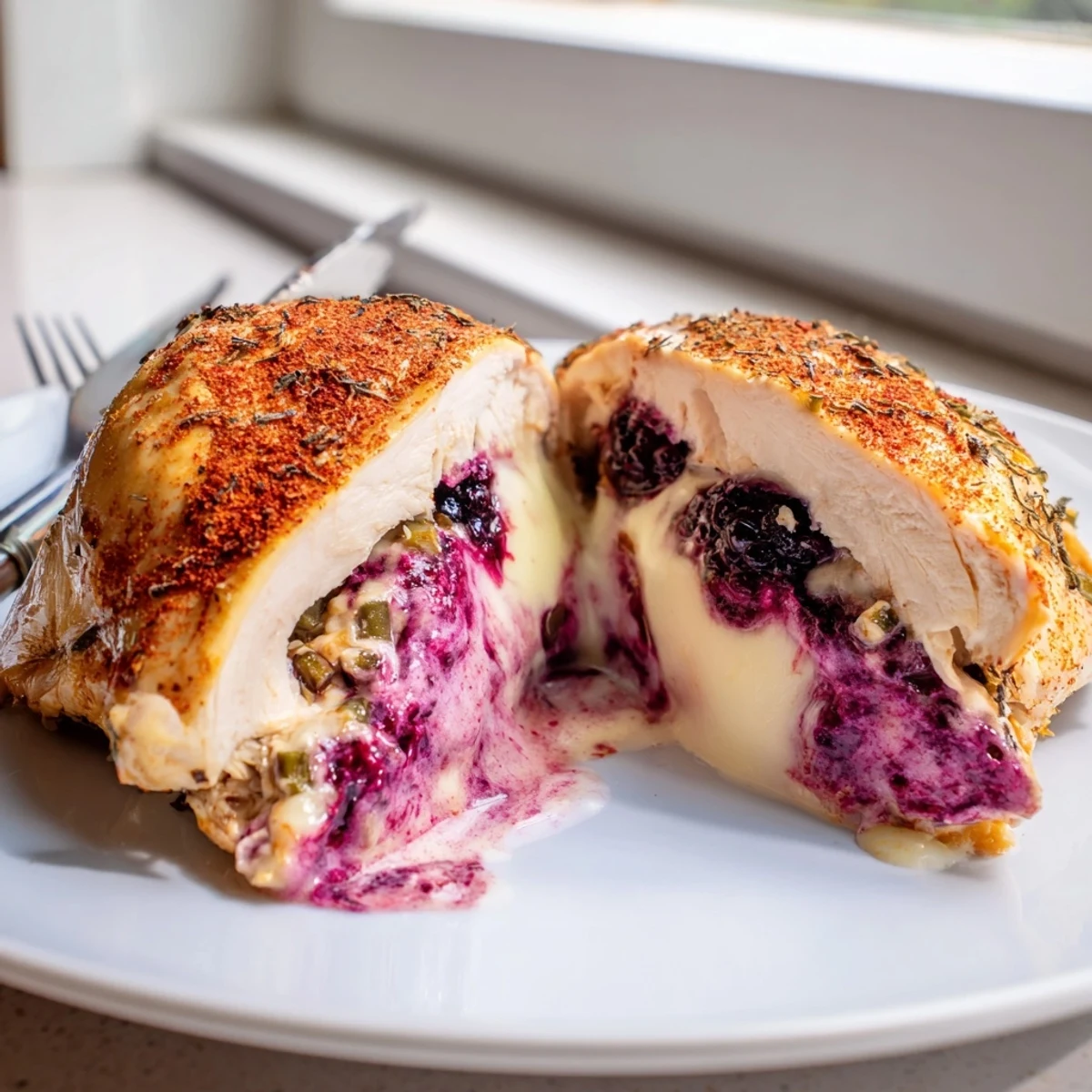 Golden baked Melty Blackberry Jalapeno Stuffed Chicken sliced open revealing bubbling cream cheese and blackberry filling