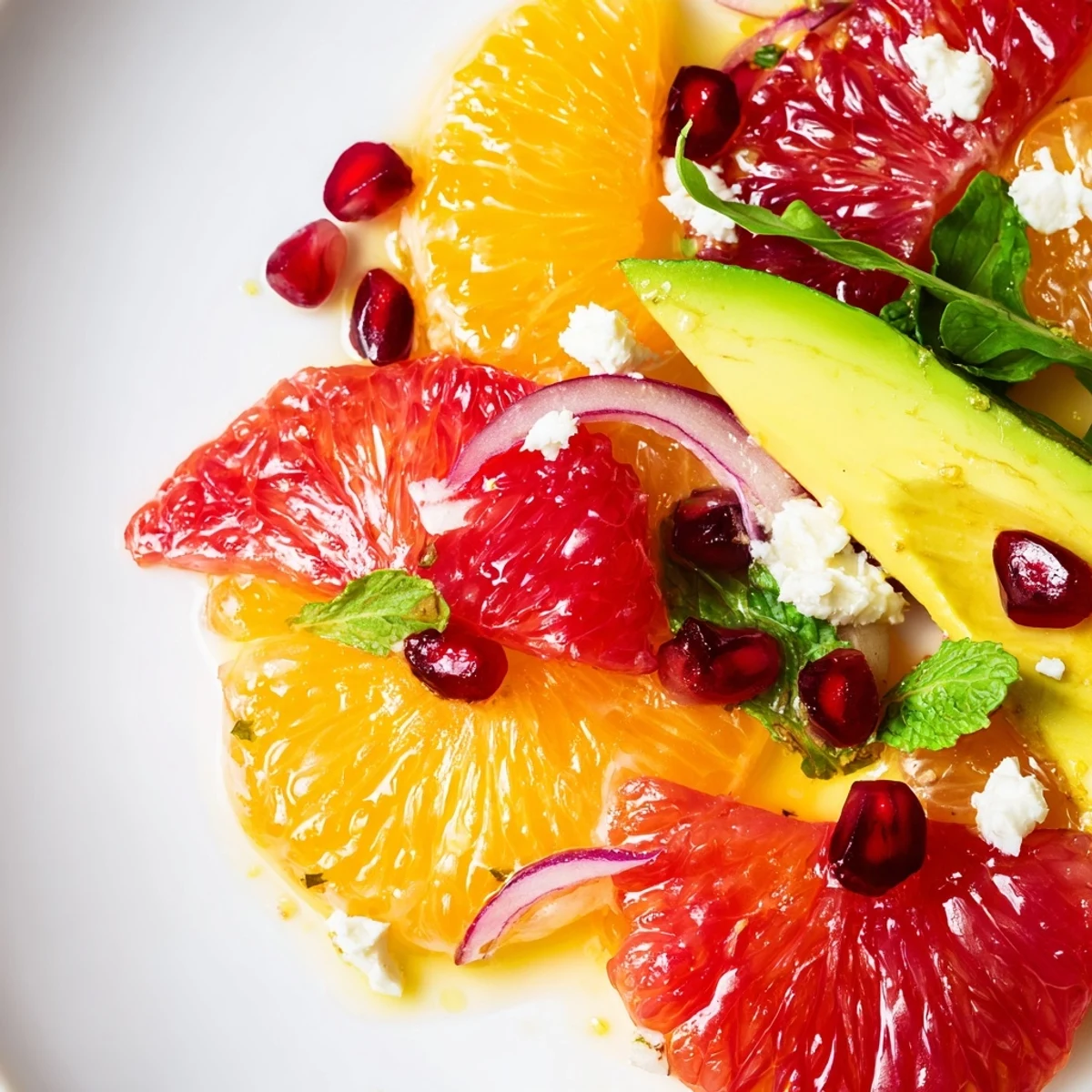Colorful citrus salad with pomegranate seeds, creamy avocado slices, and crumbled feta on a platter.