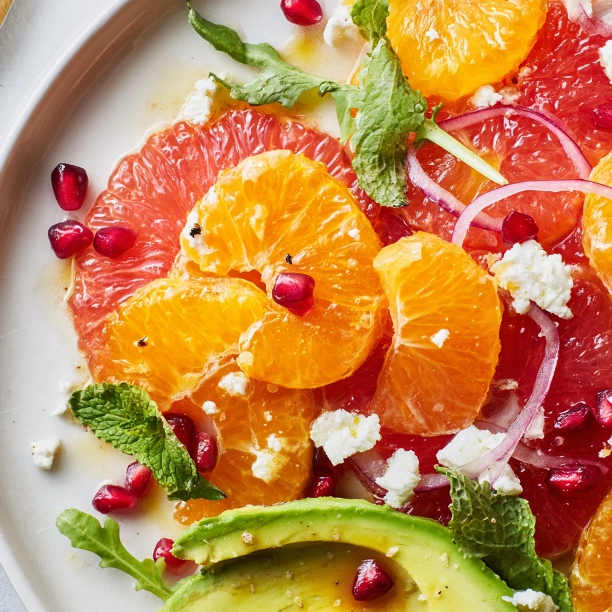 Bright citrus salad topped with jewel-like pomegranate arils, ripe avocado, and tangy feta cheese.