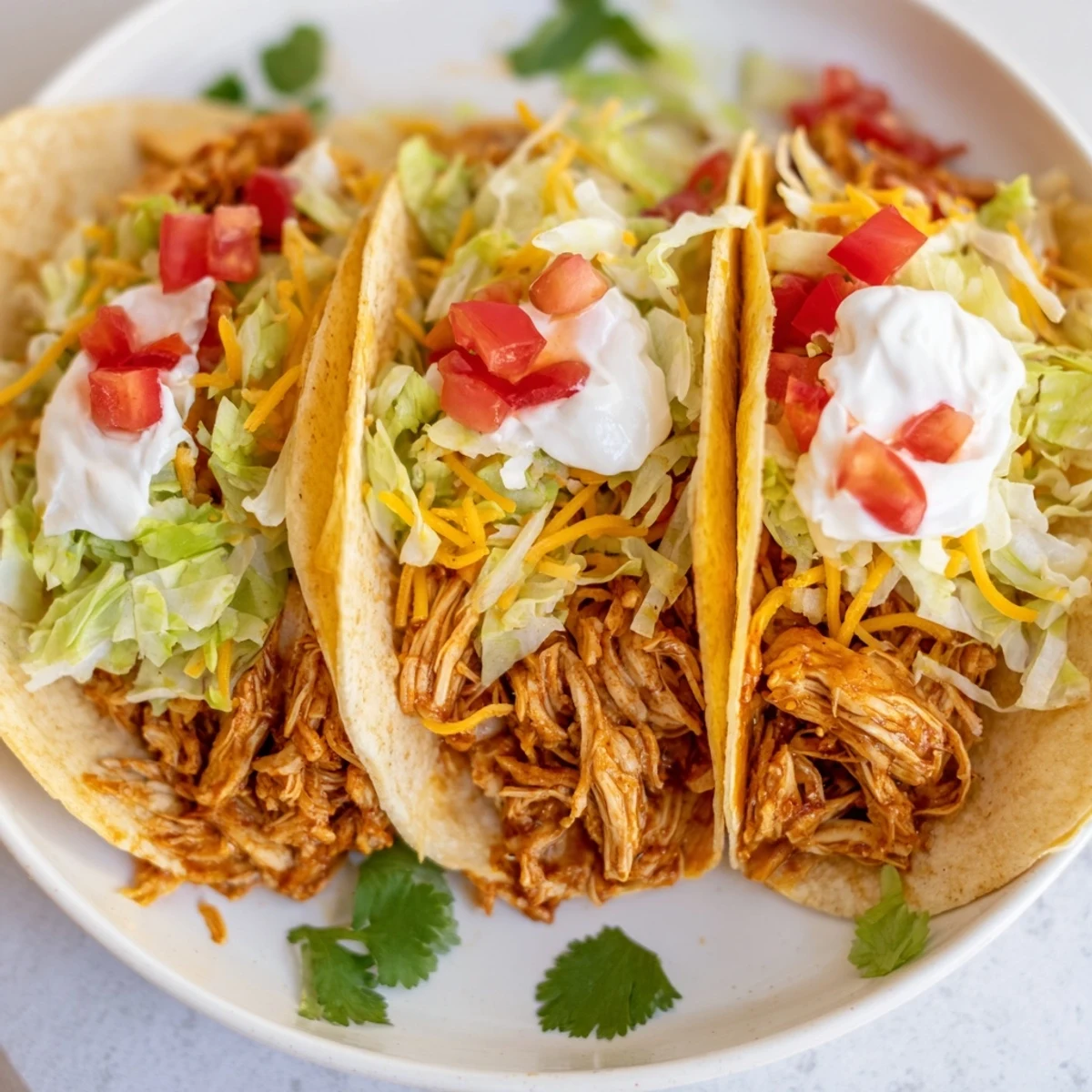 Juicy slow cooker ranch chicken tacos topped with melted cheddar and fresh cilantro