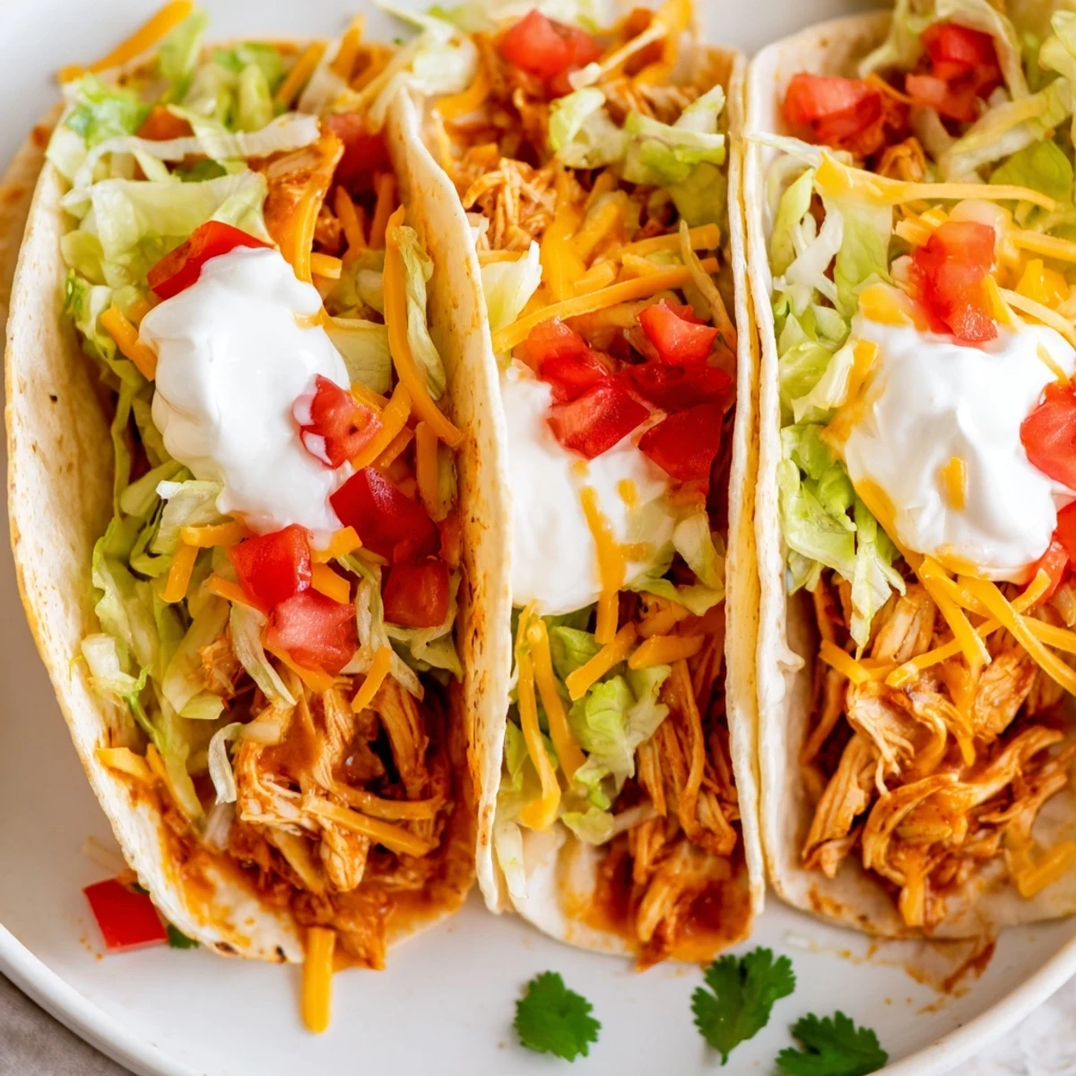 Slow cooker ranch chicken tacos loaded with sour cream lettuce and crispy shells