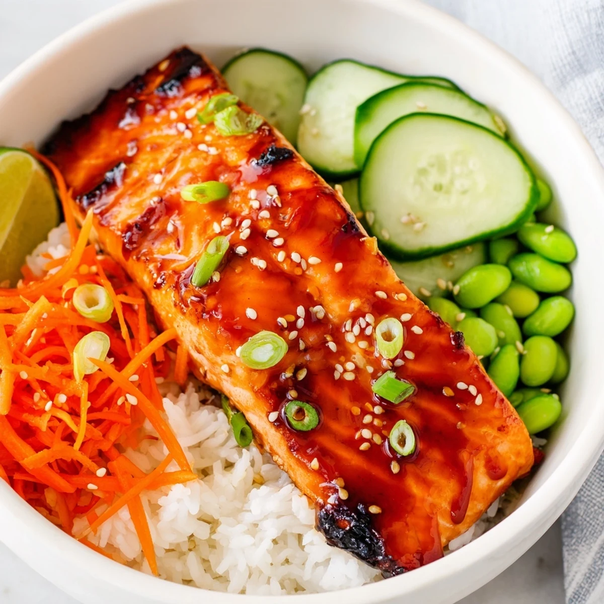 Glossy Sriracha honey glazed salmon bowls with vibrant crisp vegetables and steamed white rice