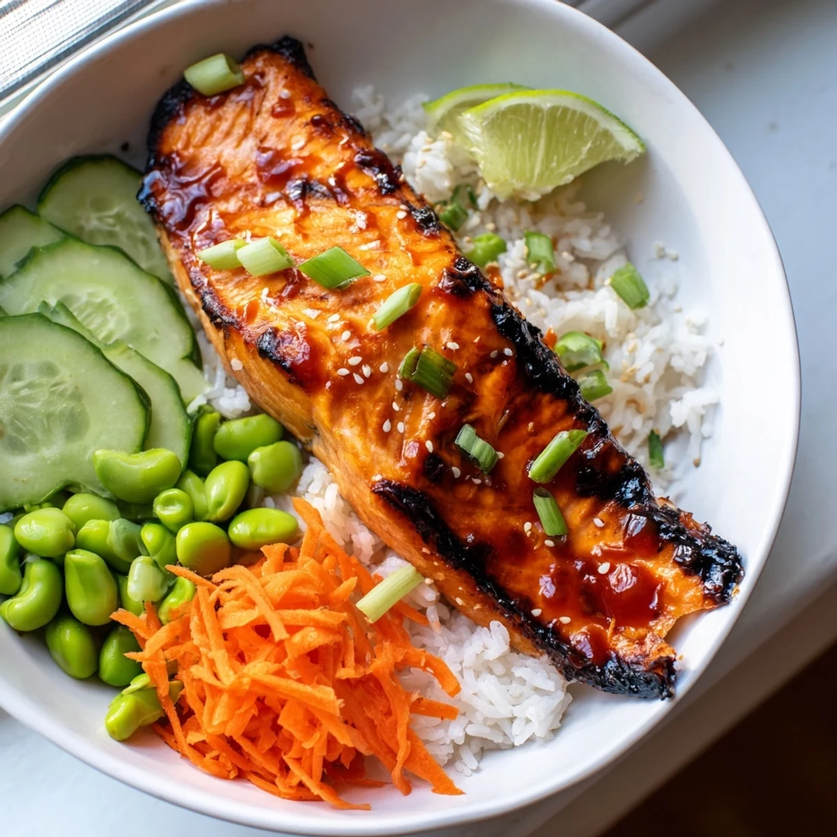 Caramelized Sriracha honey glazed salmon bowls drizzled with sticky sauce over fresh crunchy slaw