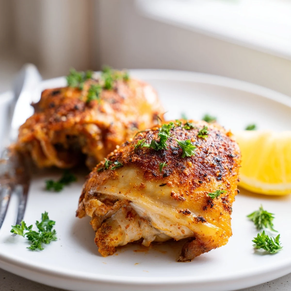 Golden crispy oven baked chicken thighs with herbs served on a rustic baking sheet