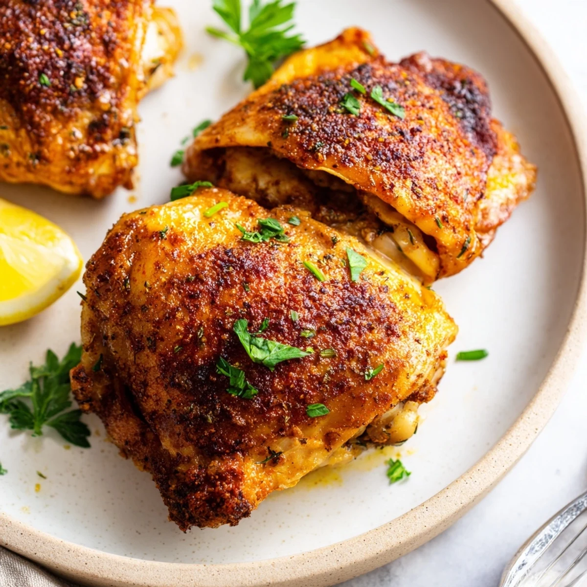 Juicy oven baked chicken thighs garnished with fresh parsley and bright lemon wedges