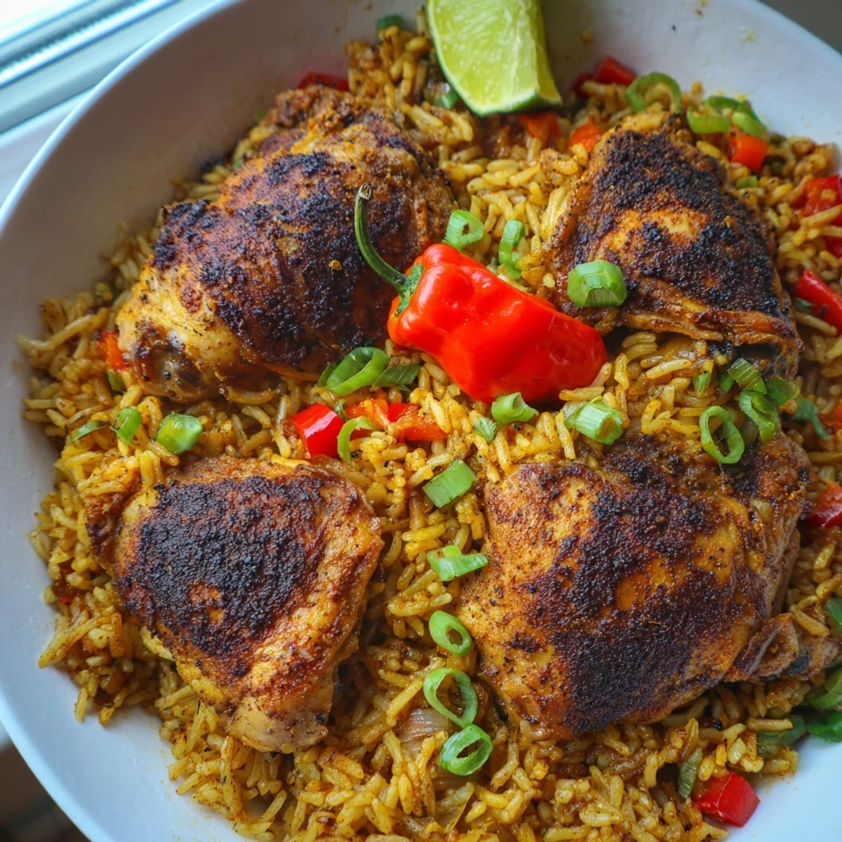 Spicy jerk chicken rice served steaming in a cast iron skillet with fresh herbs