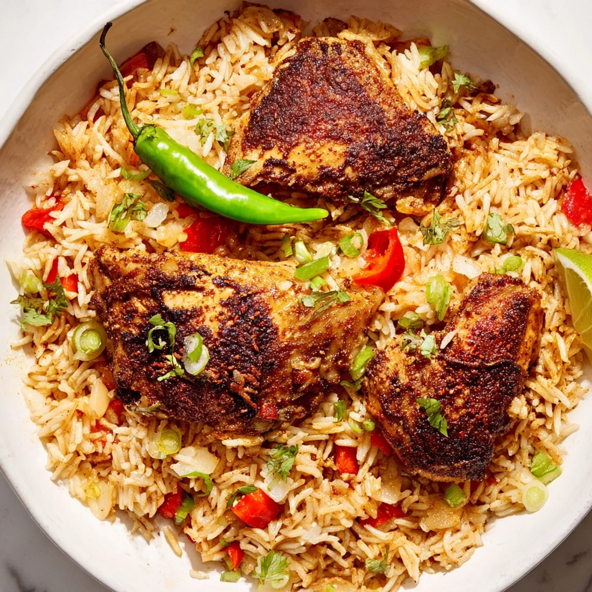 A vibrant bowl of spicy jerk chicken rice garnished with spring onions and lime wedges