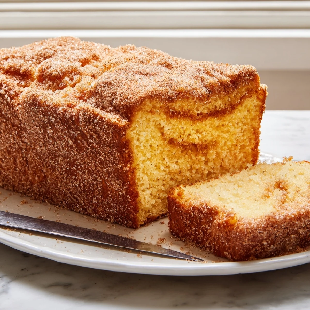 Warm cinnamon donut loaf sliced thick on a rustic wooden cutting board
