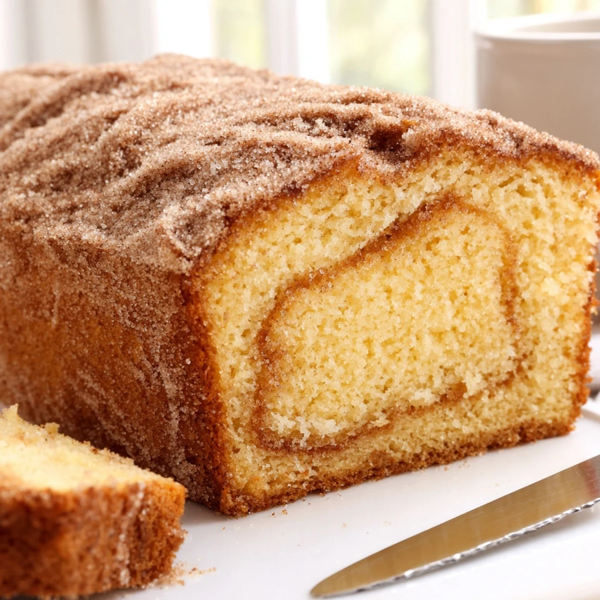 Moist cinnamon donut loaf served beside a steaming mug of coffee