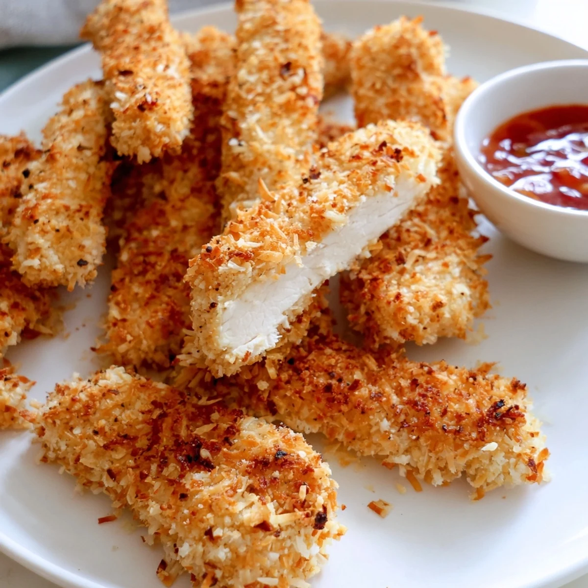 Golden crunchy coconut chicken strips served hot with sweet chili dipping sauce.