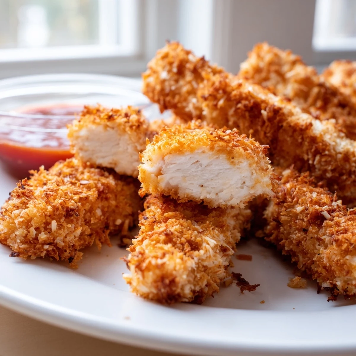 Crispy coconut chicken tenders fresh from the skillet on a rustic plate.