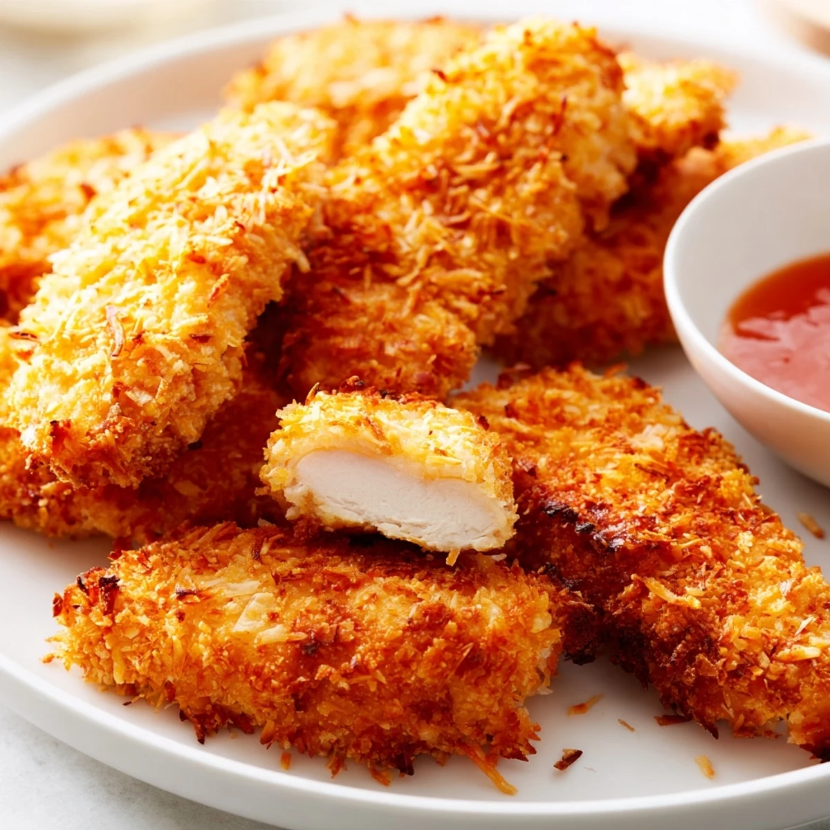 Crunchy coconut chicken arranged on a platter alongside mango chutney for dipping.