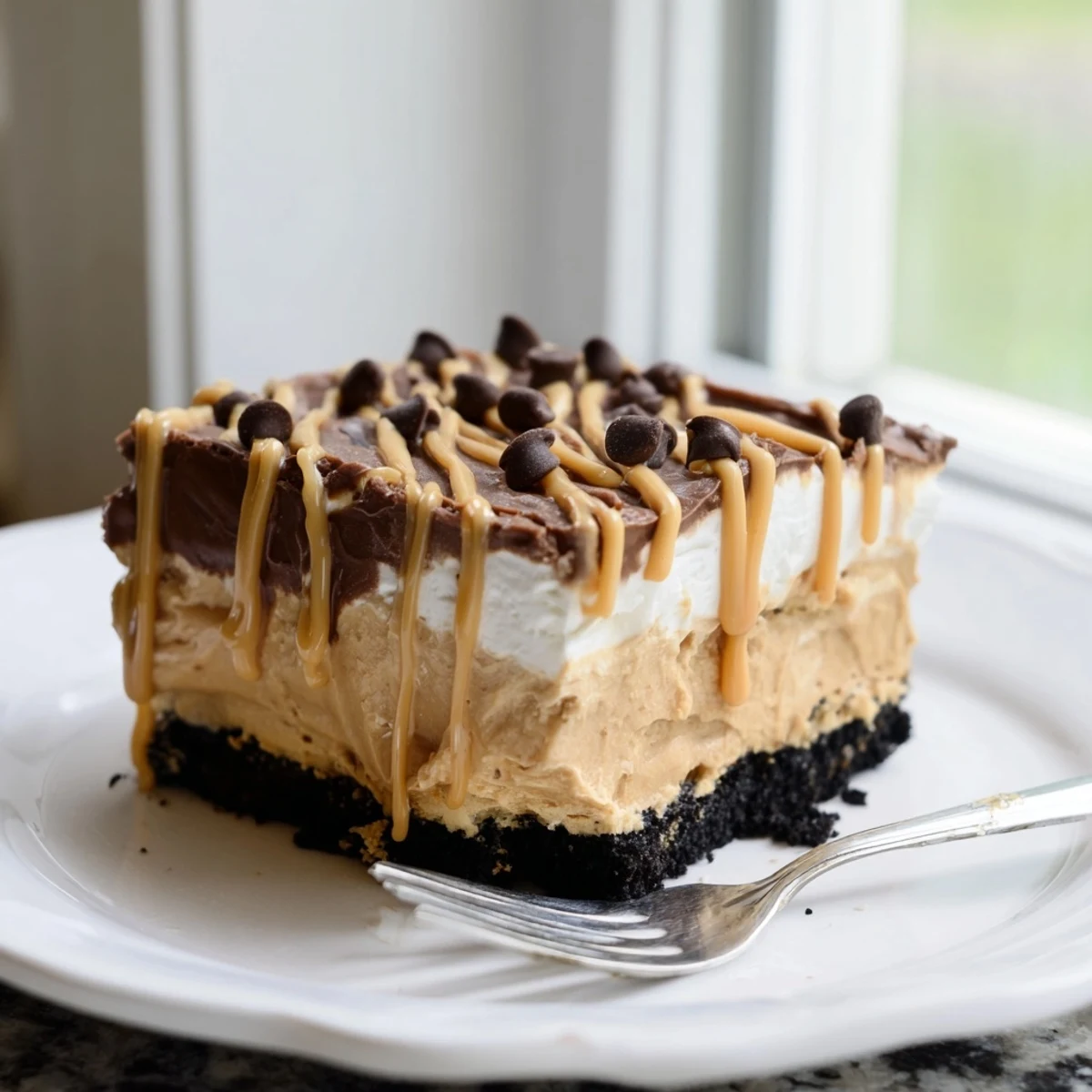 Creamy peanut butter layered delight with rich chocolate pudding and whipped topping squares