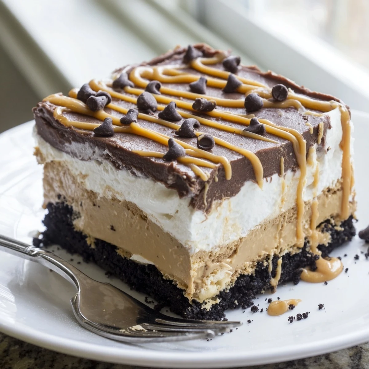 Peanut butter layered delight sliced bars showcasing velvety pudding and cookie crust