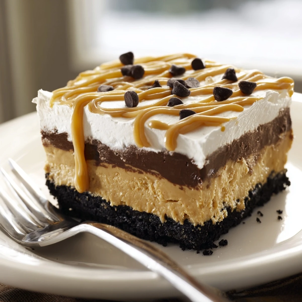 Decadent peanut butter layered delight topped with chocolate drizzle and fluffy whipped cream