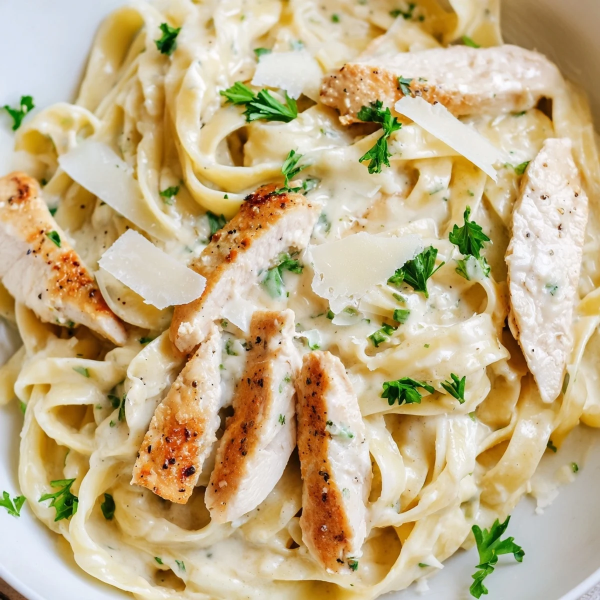 Creamy Garlic Parmesan Chicken Pasta topped with fresh parsley in a white bowl