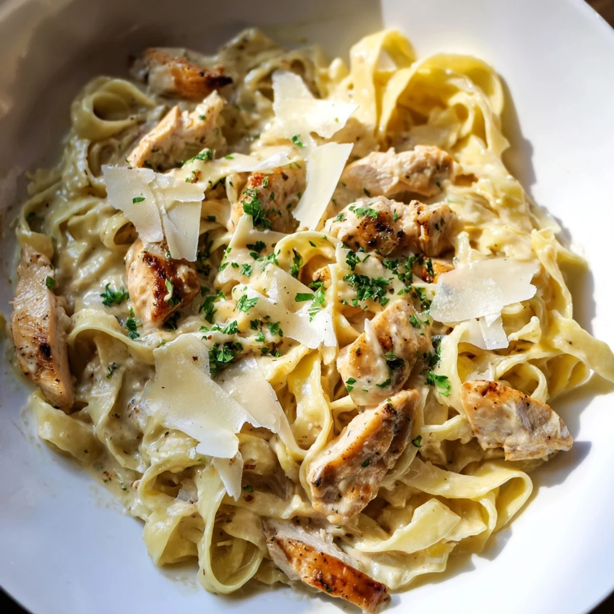 Golden seared chicken pieces coated in Creamy Garlic Parmesan Chicken Pasta sauce