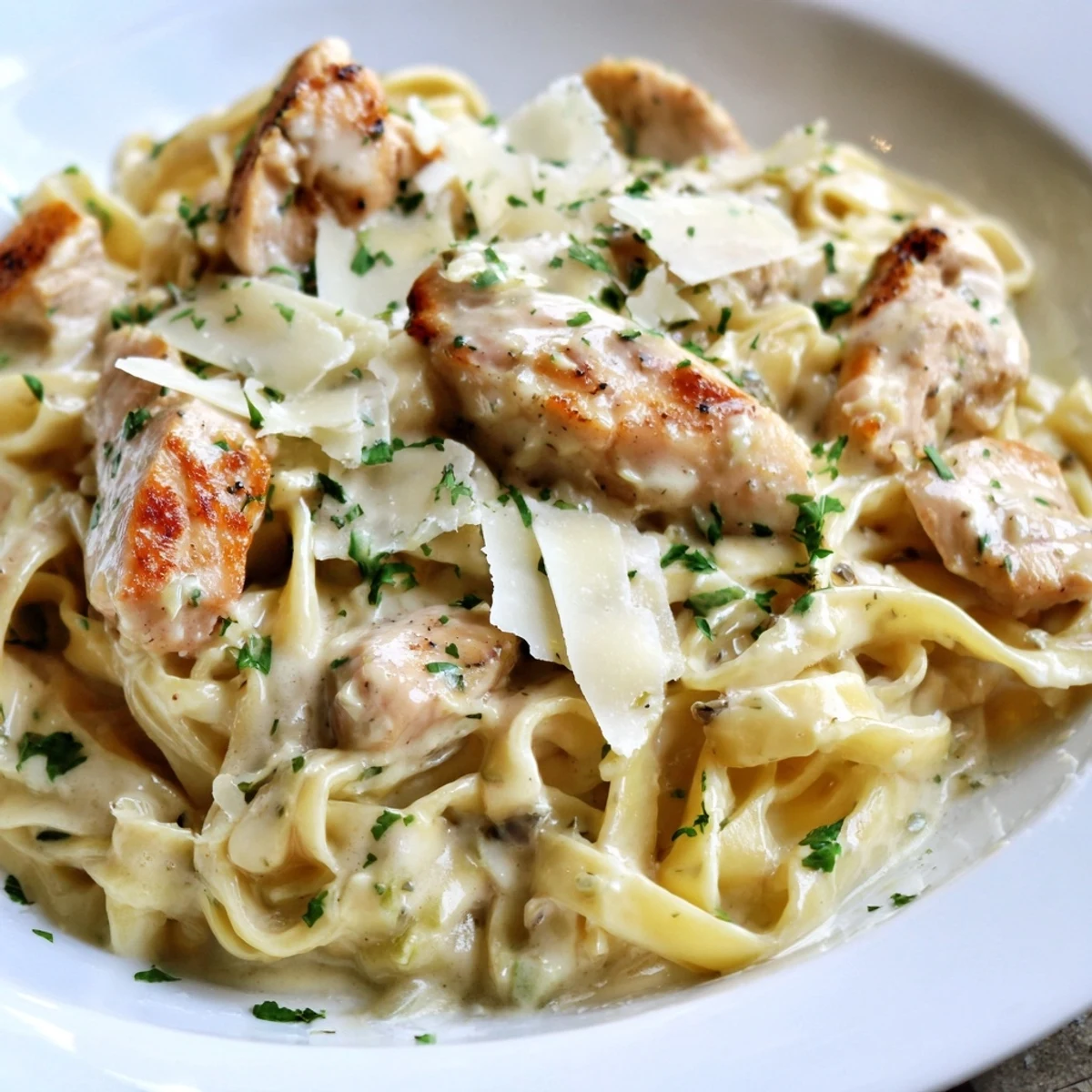 Steaming bowl of Creamy Garlic Parmesan Chicken Pasta garnished with extra Parmesan shavings