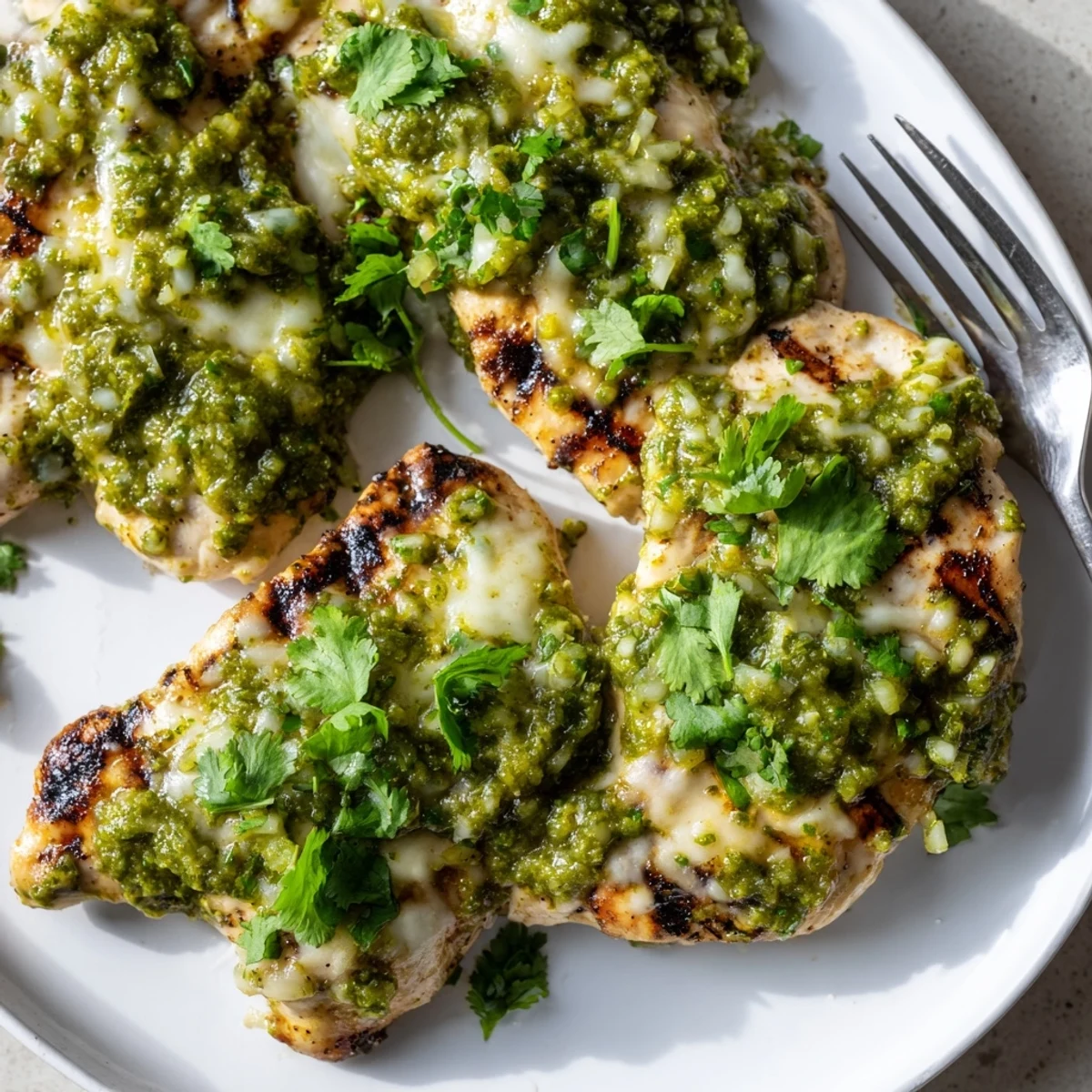 Juicy grilled salsa verde pepper jack chicken with melted spicy cheese and fresh cilantro