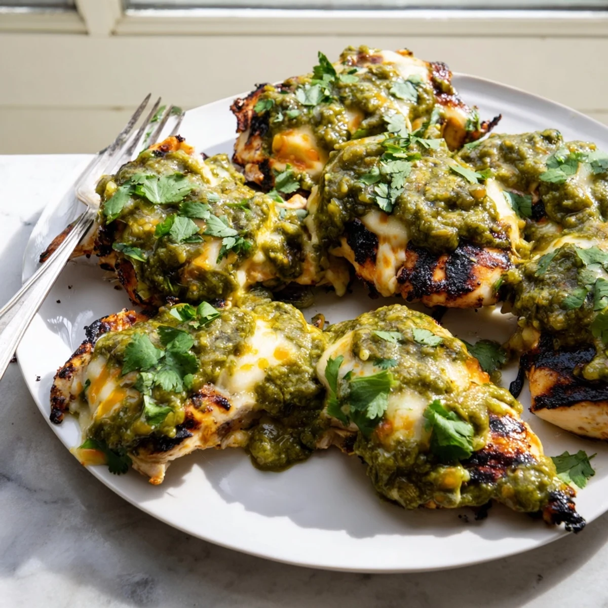 Smoky salsa verde pepper jack chicken topped with bubbling cheese and bright lime wedges