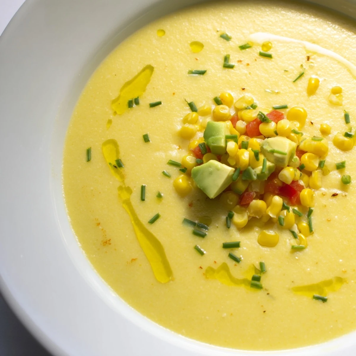 Golden summer sweet corn gazpacho served chilled in a rustic bowl with fresh herb garnish