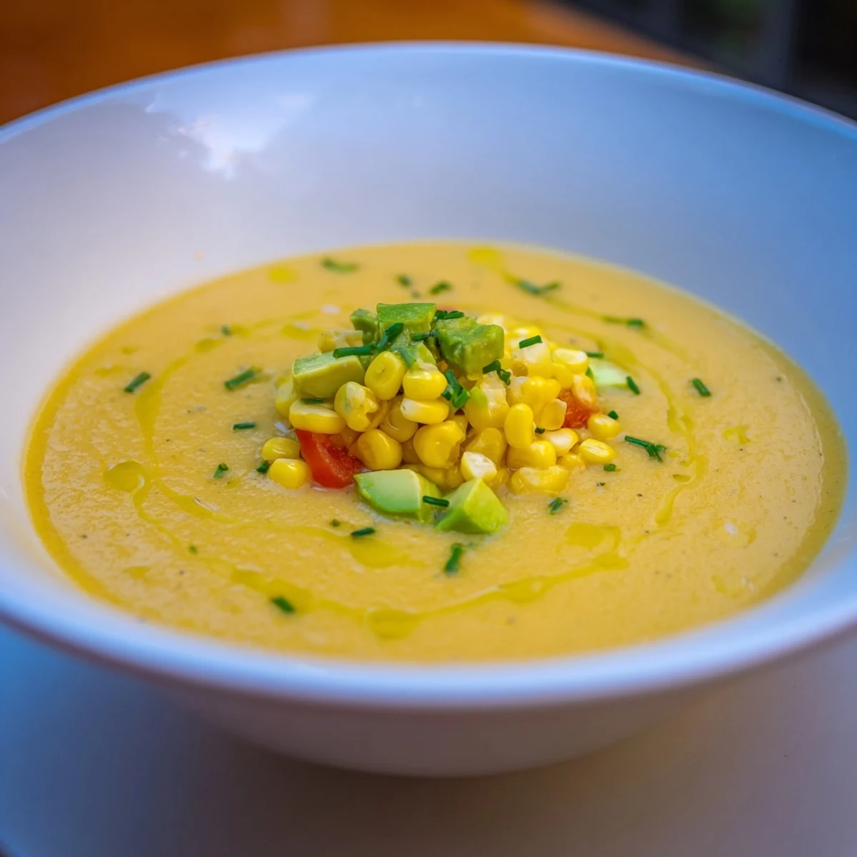 Bright summer sweet corn gazpacho in shallow bowls garnished with crisp vegetables and chives