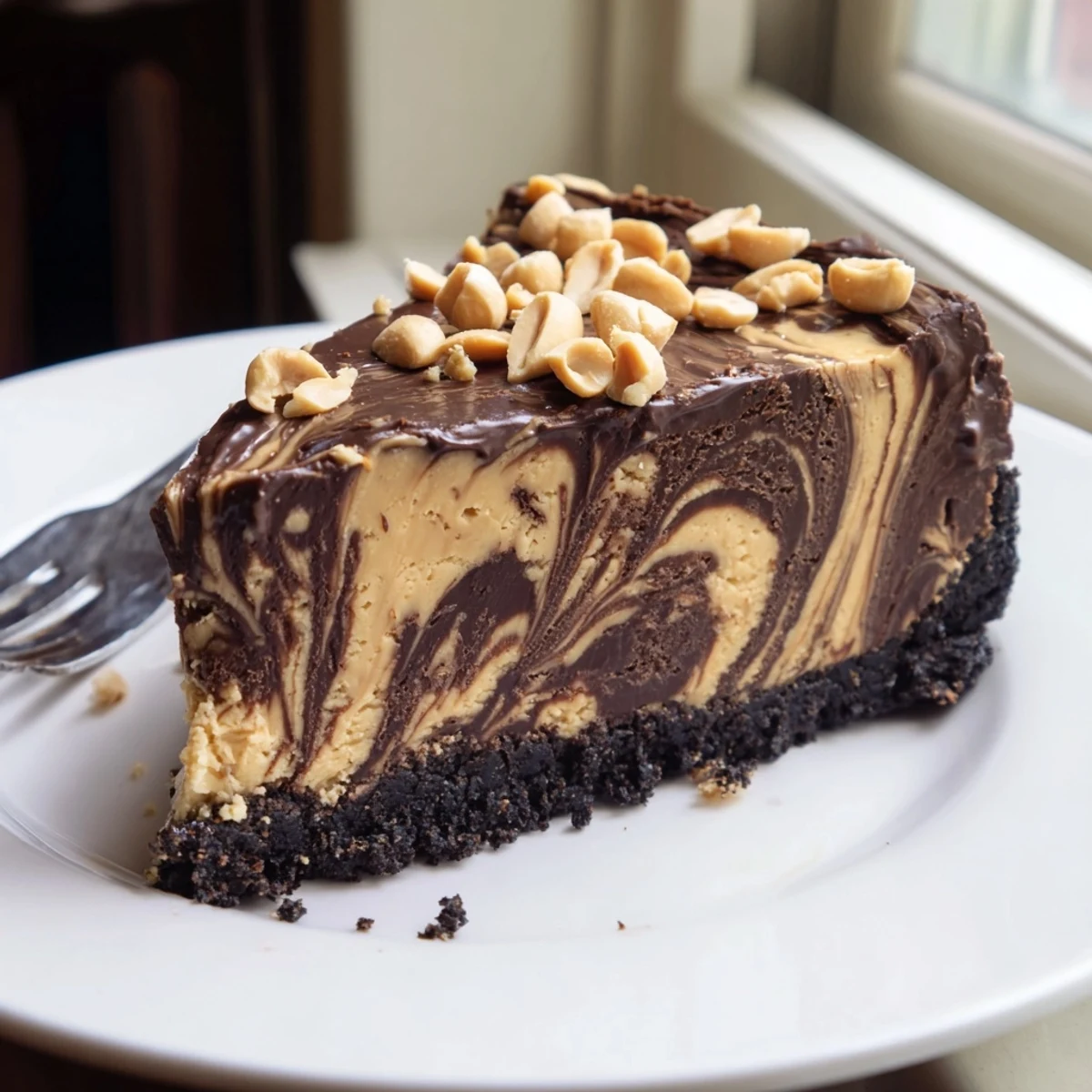 Creamy chocolate peanut butter cheesecake sliced to reveal a marbled filling