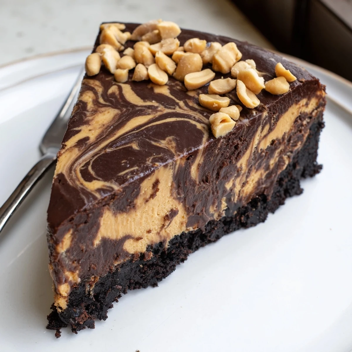 Rich chocolate peanut butter cheesecake with a glossy ganache topping on a cookie crust
