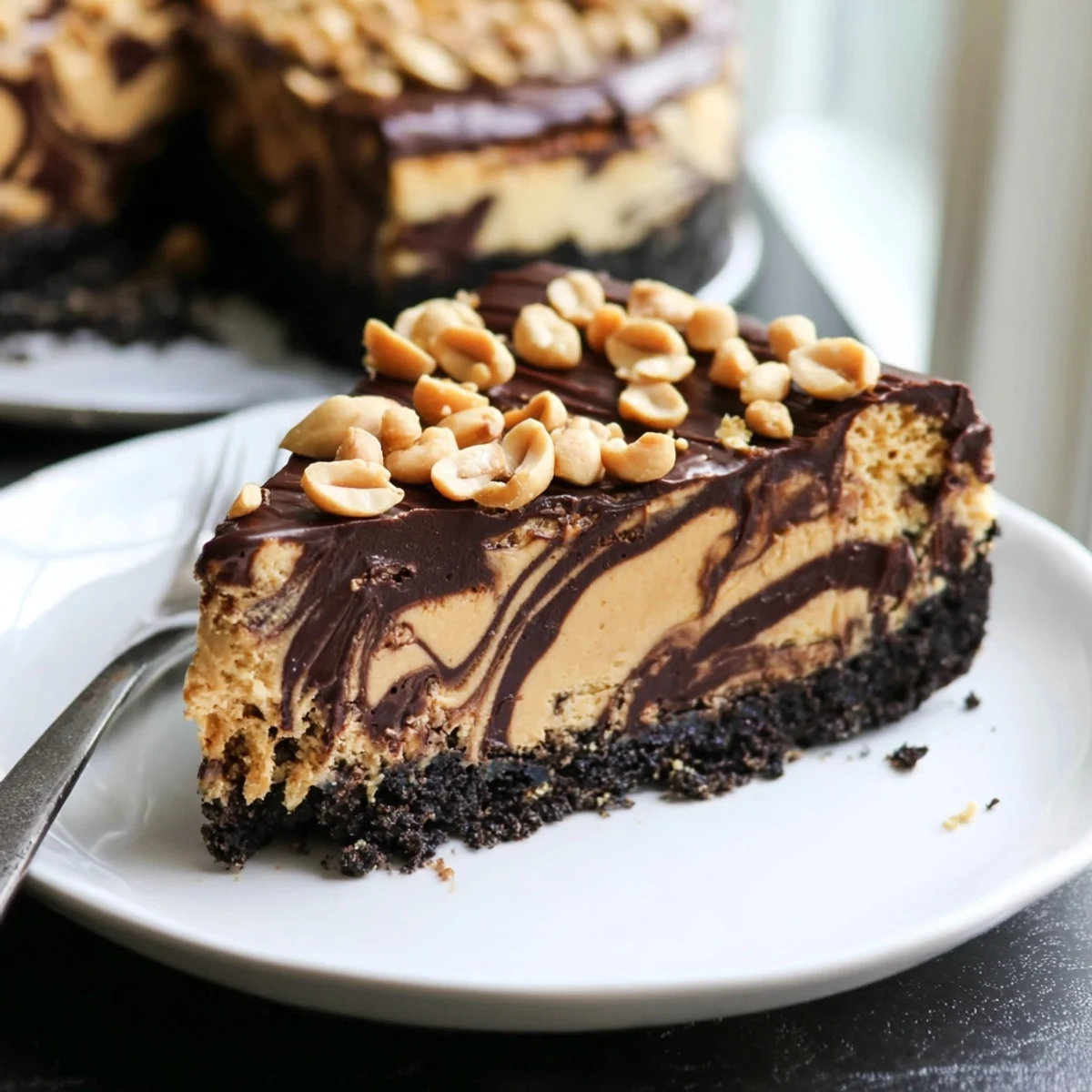 Decadent chocolate peanut butter cheesecake swirled with peanut butter and finished with chopped peanuts