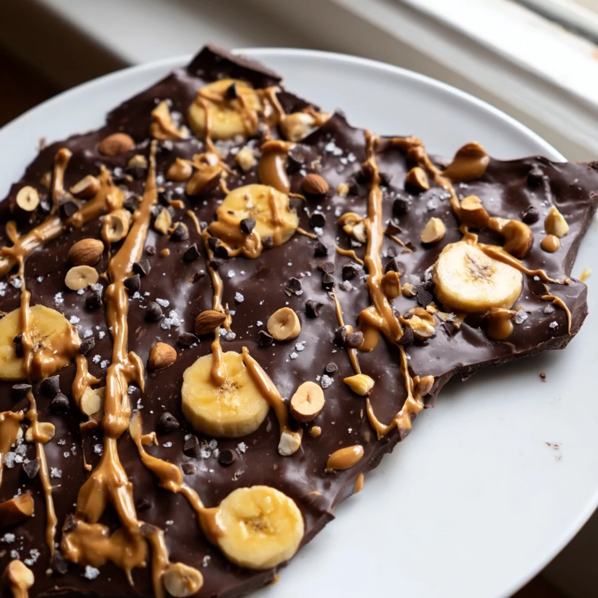 Viral Chocolate Banana Bark drizzled with peanut butter and sprinkled with roasted almonds