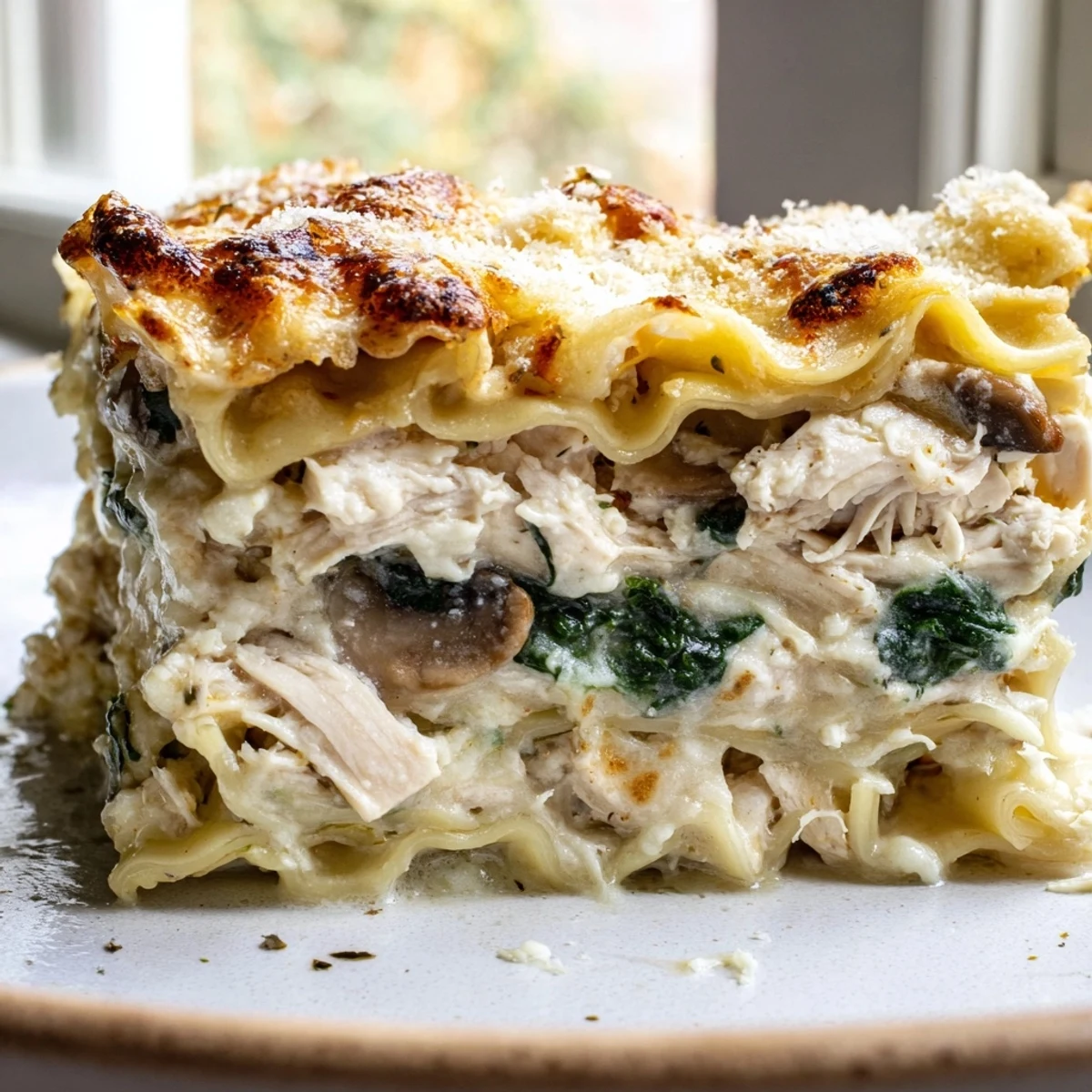 Golden bubbling white chicken lasagna with melted mozzarella and fresh herbs