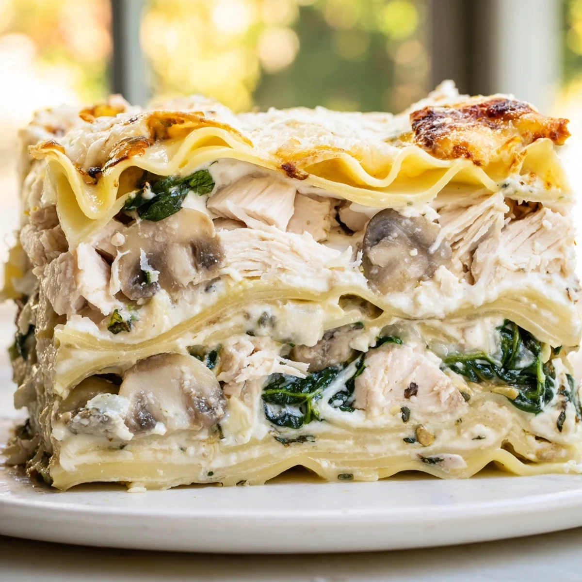 Creamy white chicken lasagna layered with spinach mushrooms and gooey cheese