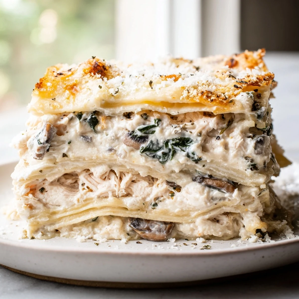 White chicken lasagna slice served on a plate with golden Parmesan crust