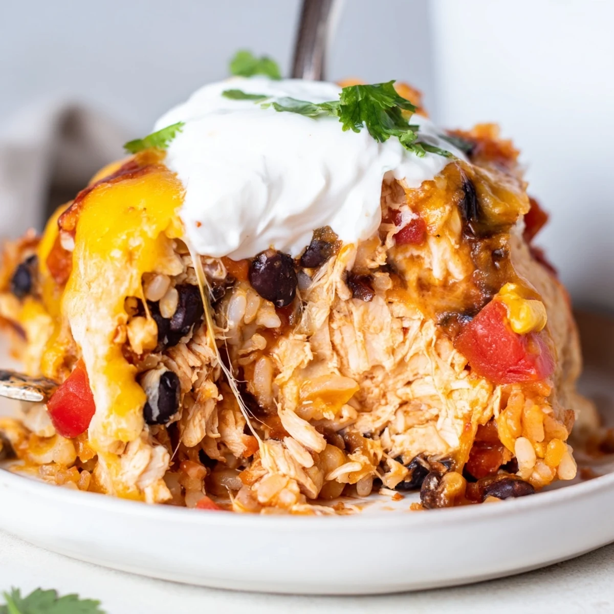 Creamy chicken burrito casserole layered with beans, rice, and gooey melted cheese