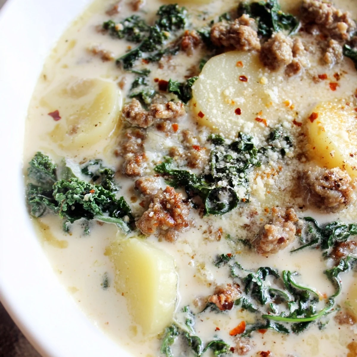 Creamy Zuppa Toscana soup loaded with crumbled sausage, tender potatoes, and fresh kale