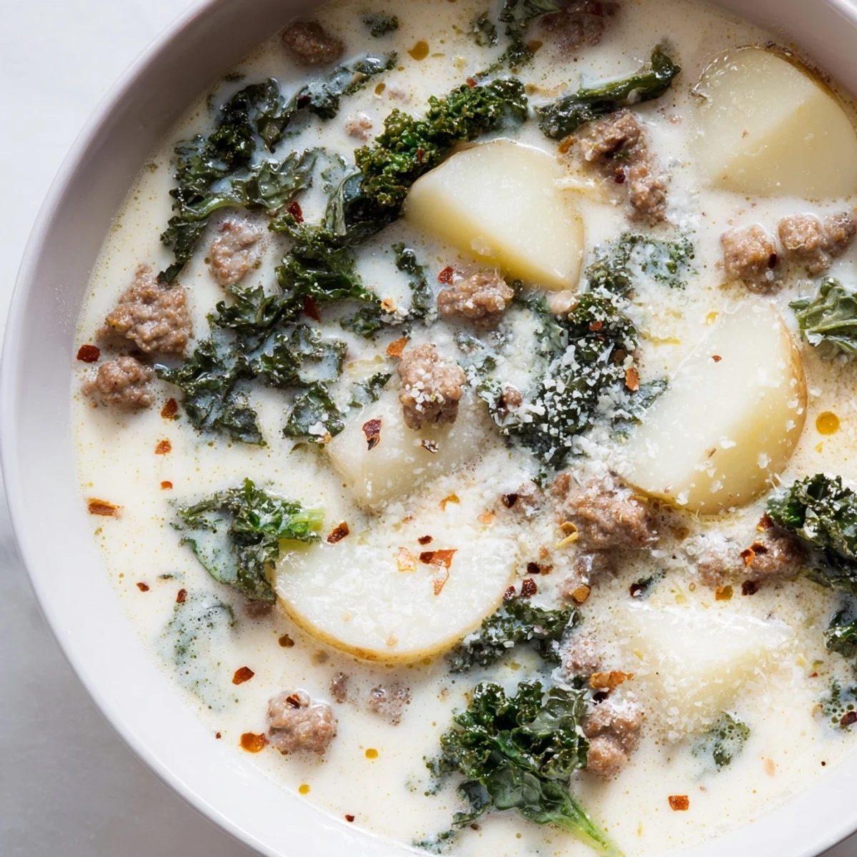 Steaming bowl of Zuppa Toscana soup topped with grated Parmesan and wilted kale