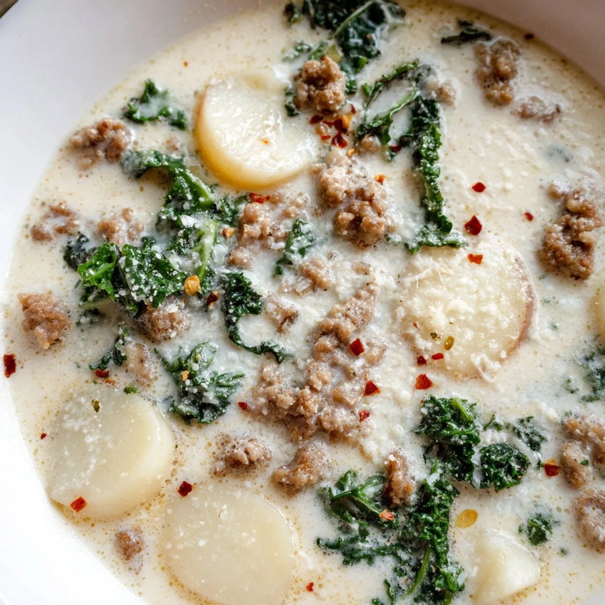 Hearty Zuppa Toscana soup with savory Italian sausage and golden potato slices served steaming hot