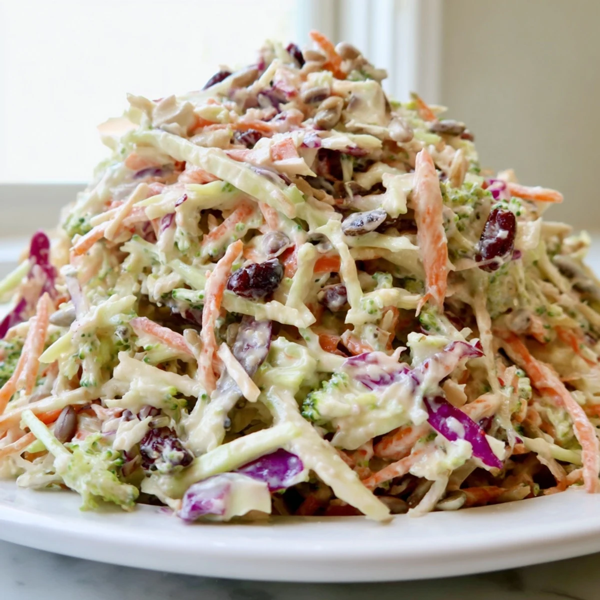 Creamy broccoli slaw tossed with cranberries and sunflower seeds in a tangy dressing