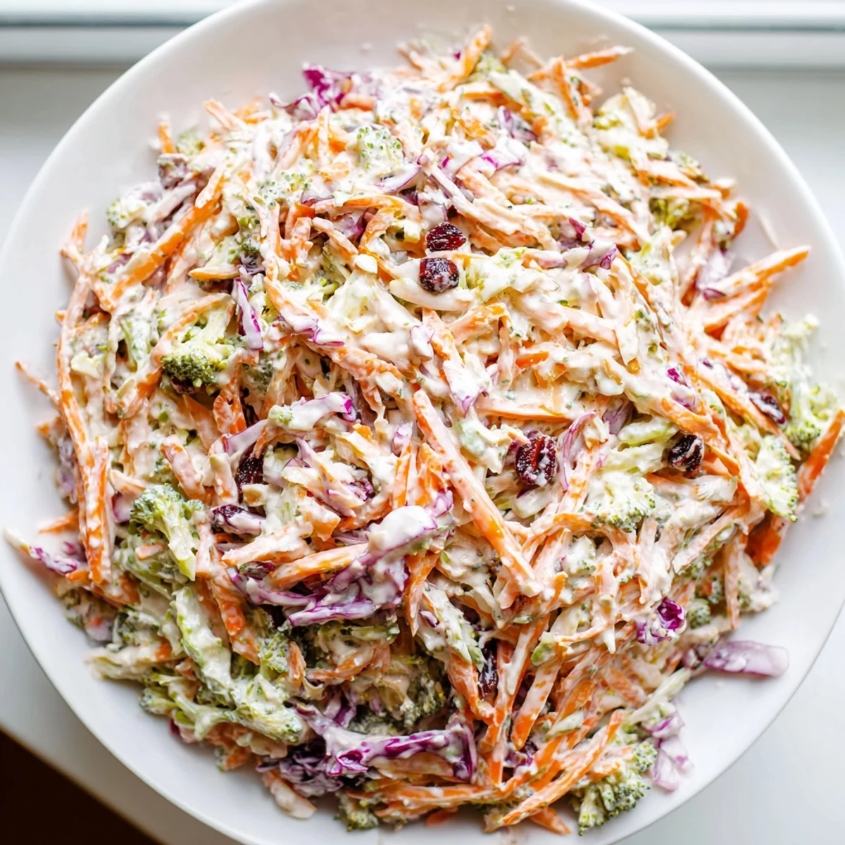 Broccoli slaw garnished with almonds and dried cranberries, ready for a summer picnic