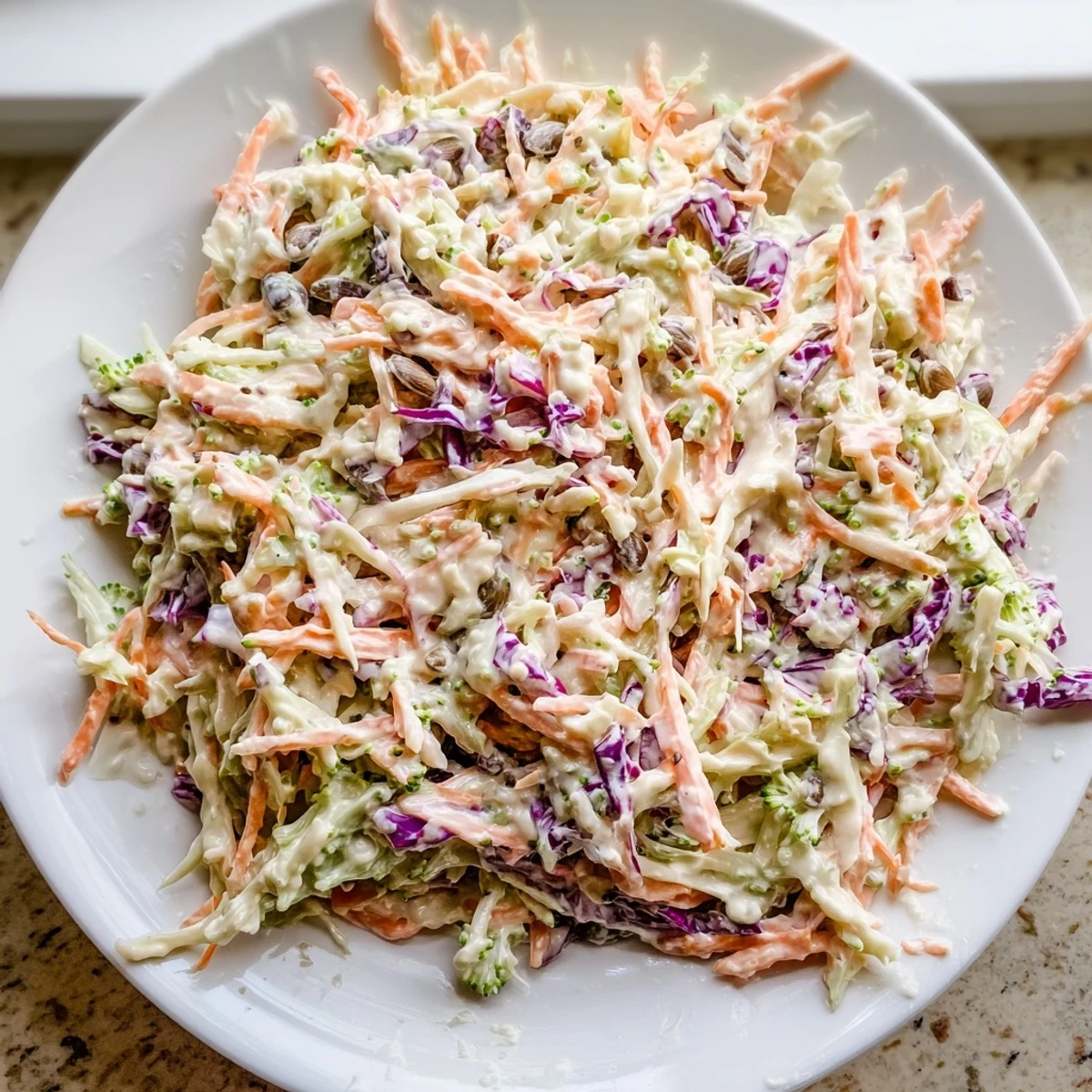 Vibrant broccoli slaw with shredded carrots and red onion in a creamy bowl