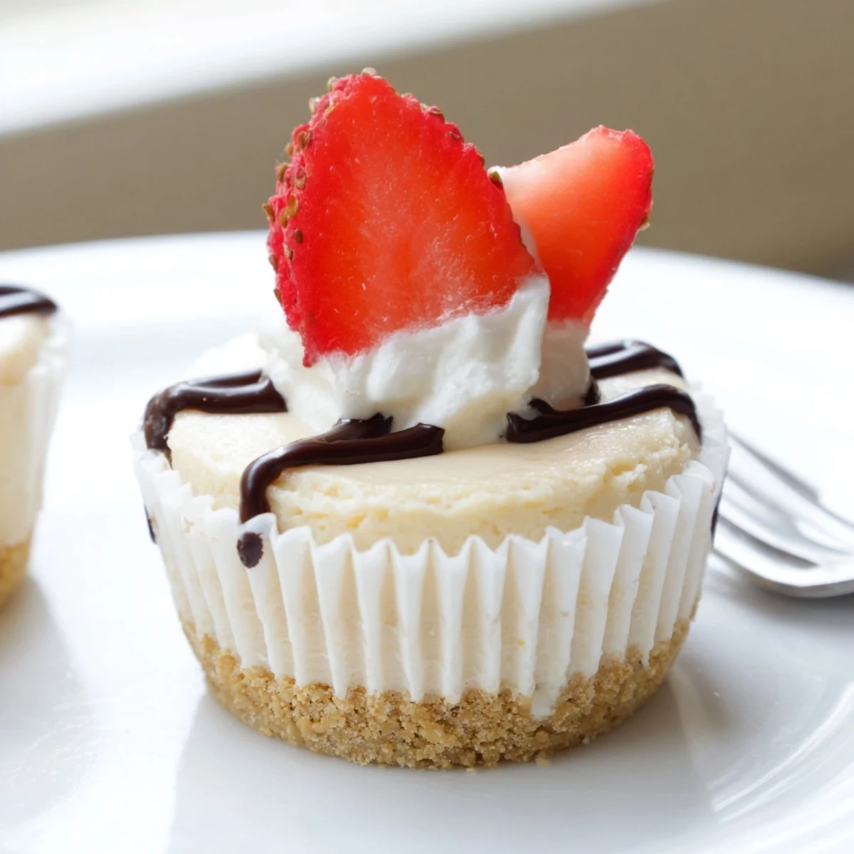 Creamy mini cheesecakes topped with fresh berries on a rustic white plate