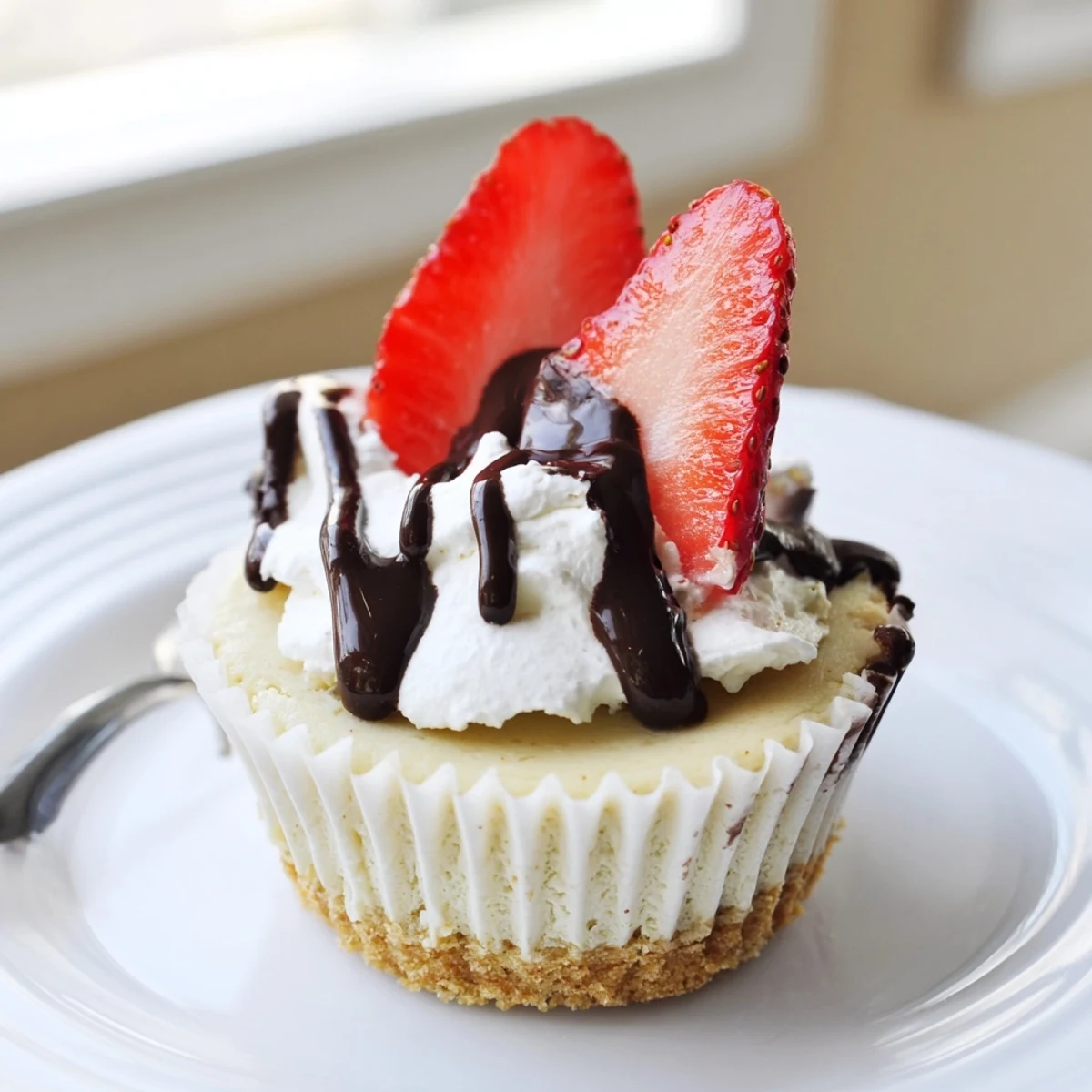 Golden graham cracker crust mini cheesecakes drizzled with rich chocolate ganache