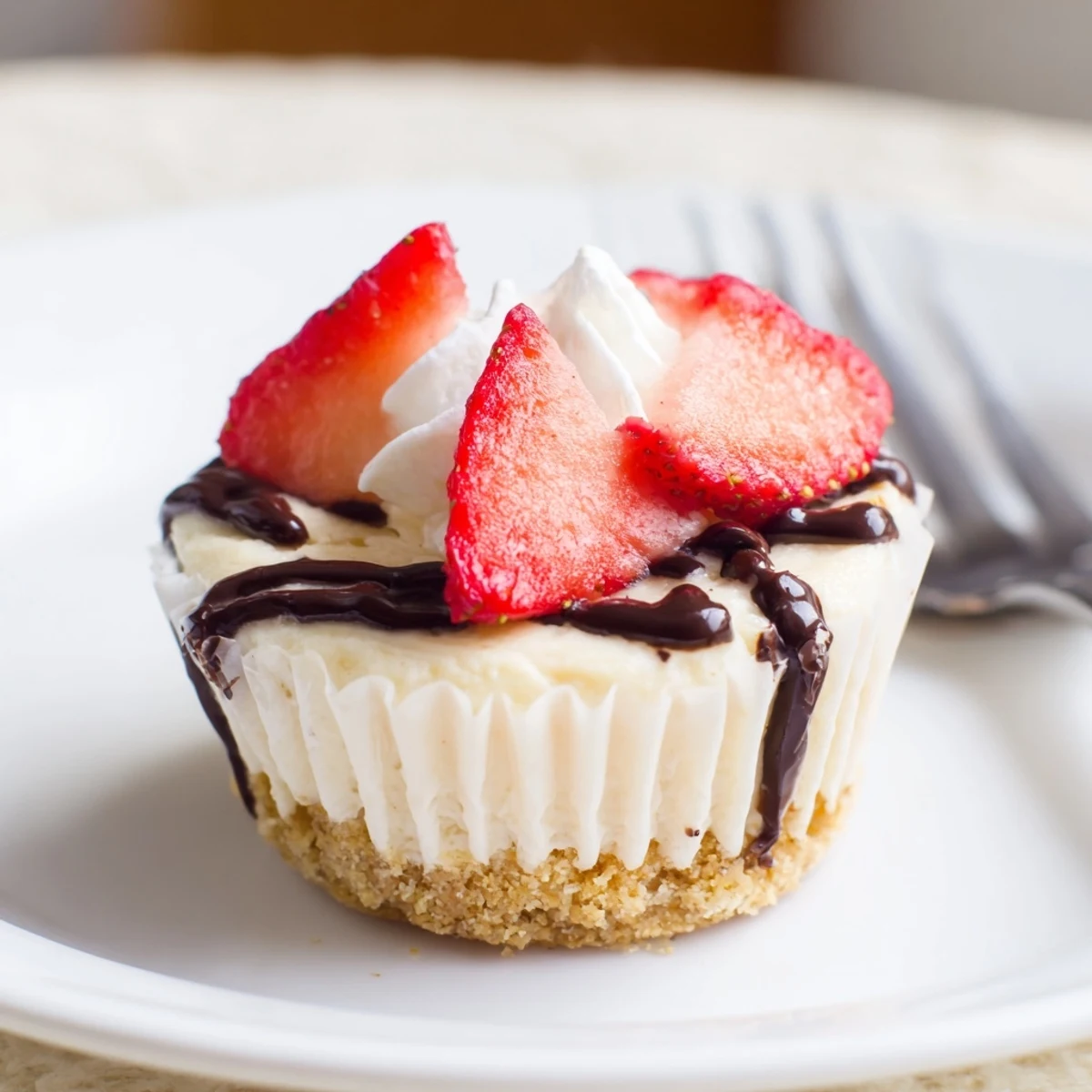 Individual mini cheesecakes with whipped cream and caramel sauce on a platter