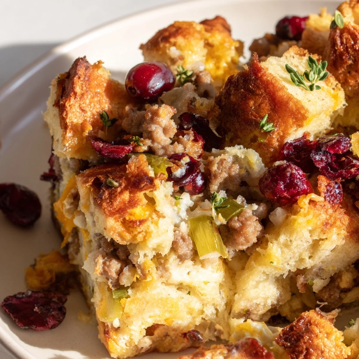 Golden baked Cranberry Sausage Stuffing Breakfast Casserole with bubbling melted cheddar on top